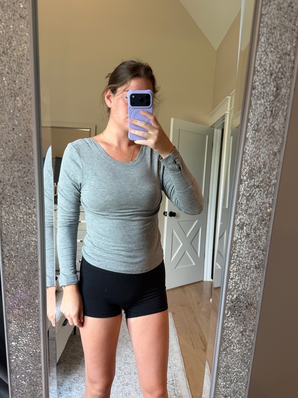 Aerie Movement- Women’s Long Sleeve Ribbed Scoop Neck Top - Gray